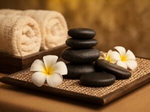 Steine für die Hot-Stone Massage auf einem Tablet