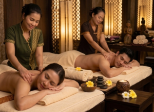 Entspannte Paarmassage in ruhiger Atmosphäre bei der Eschweiler Thaimassage